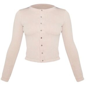 Pretty Little Thing Petite Cream Ribbed Long Sleeve Button Up‎ Top Size M